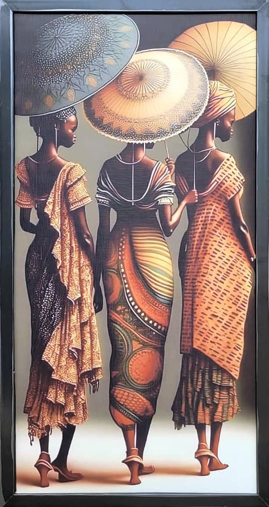 Three women, umbrellas, 18×30 in black frame