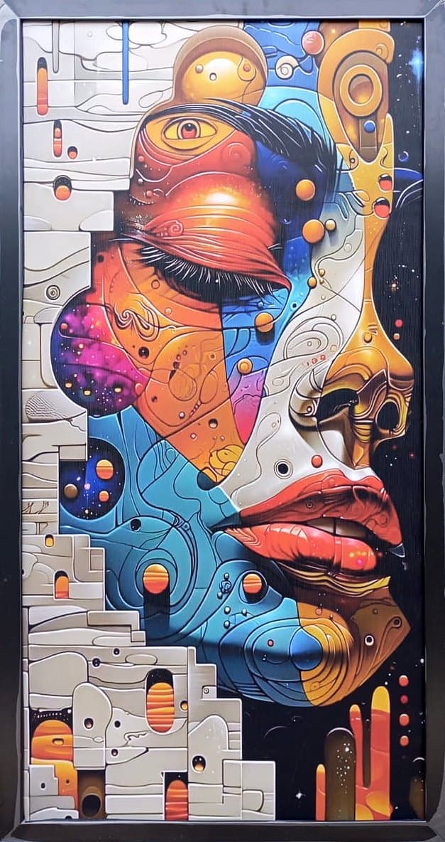 Abstract face, 18×30 in black frame