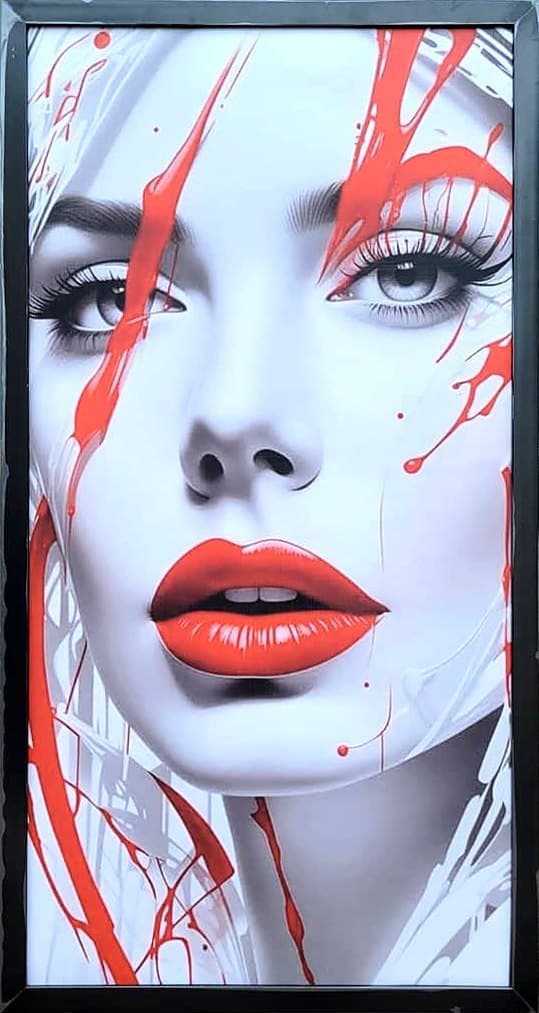 Red splash portrait, 18×30 in black frame