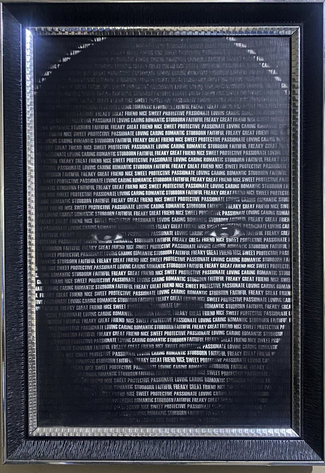 Monochrome word portrait, 16×24 in black frame