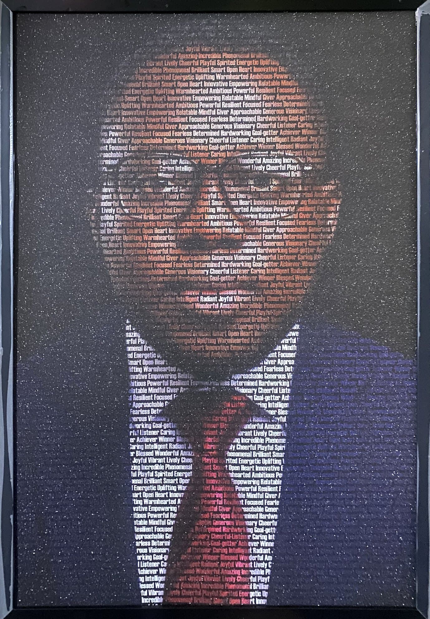 Glitter word portrait, 24×36 in black frame